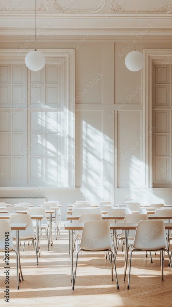 Aufkleber A bright classroom with rows of chairs and tables, emphasizing a learning environment.