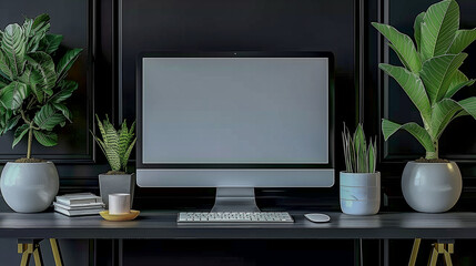 Fototapeta premium Minimalist Black Office Desk with Green Plants