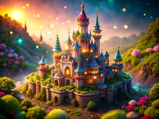 Fototapeta premium Enchanting Tiny Magical Castle with Shining Towers, Left Composition, Copy Space