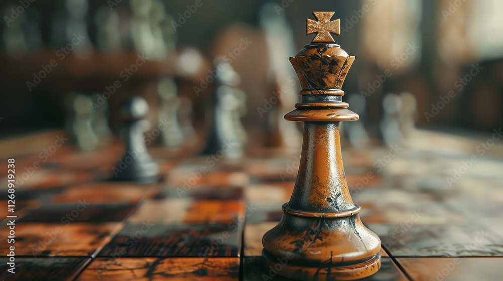 Poster 3d rendering of a chess king in the foreground with a blurred background. the chess king is made of 
