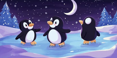 Three cartoon penguins are ice skating under a crescent moon