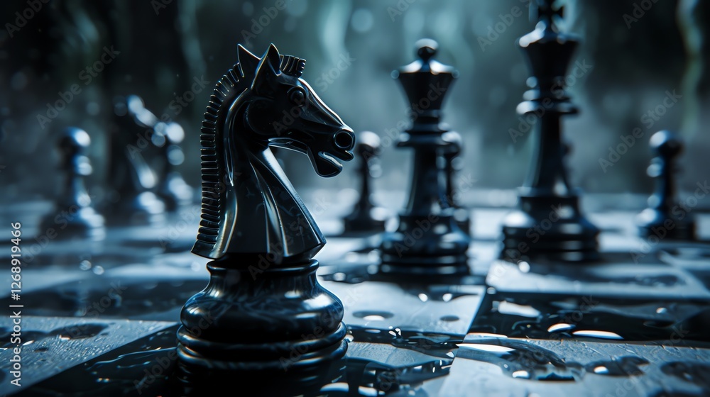 Poster 3d rendering of a chessboard with black chess pieces. the focus is on the knight in the front.