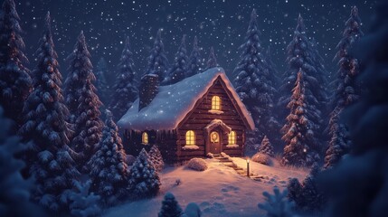 Naklejka premium Cozy cabin warmly lit amidst a snowy winter forest