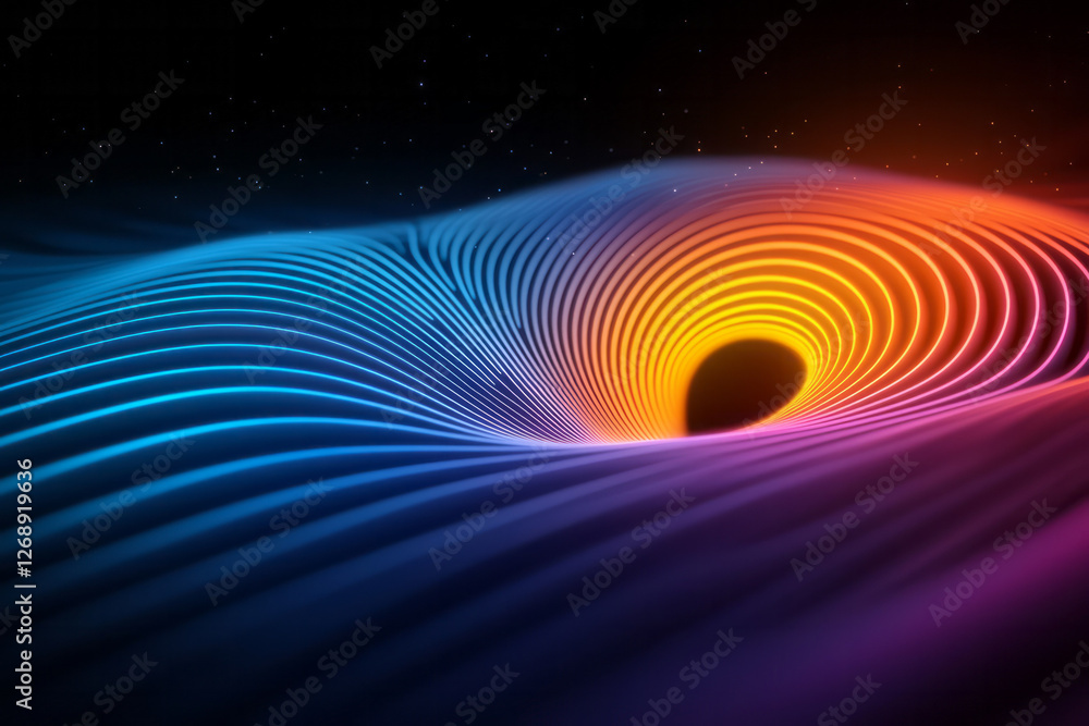 Poster an abstract swirl of neon lines, each passing wave tinted in alternating orange and blue, twisting