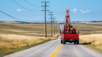 Red Truck on Open Road with Utility Poles and Grassland Scenery