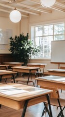 A bright classroom with wooden desks, a large window, and a plant.