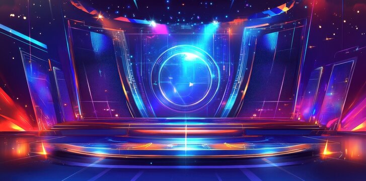 A futuristic stage glows with blue and orange luminescence
