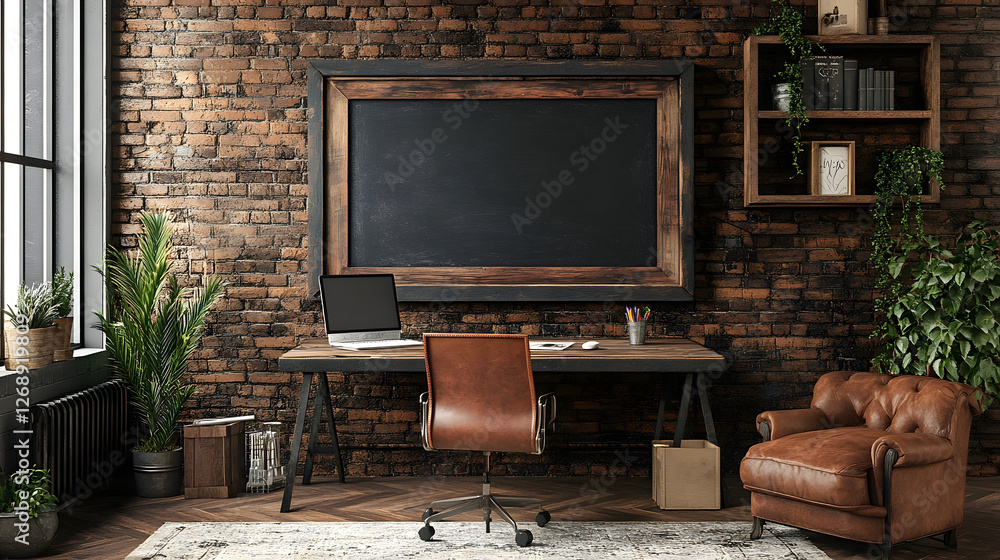 Aufkleber cozy and modern home office workspace with brick wall wooden shelves laptop computer and various dec