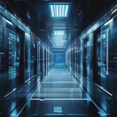 Futuristic server room corridor illuminated by bright blue light