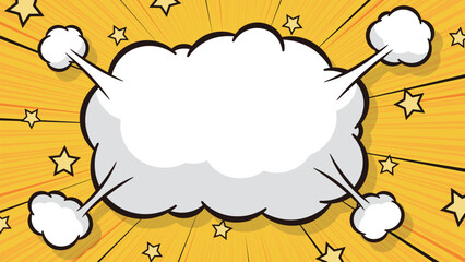 16:9の黄色のフレーム背景素材：アメコミ風の爆発した雲型の吹き出しのベクターイラスト