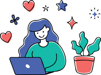 Doodle-style illustration of a cheerful happy woman working on a laptop, support,education 