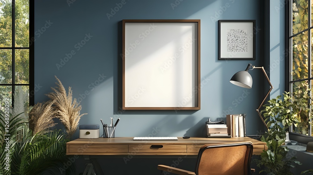 Aufkleber cozy and serene home office workspace with panoramic nature view through large window minimalist and