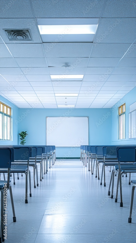 Poster a bright, empty classroom with rows of chairs and a whiteboard at the front.
