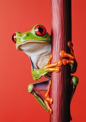 A vibrant red-eyed tree frog clings to a wooden post against a bright red background in a close-up capture of nature's beauty