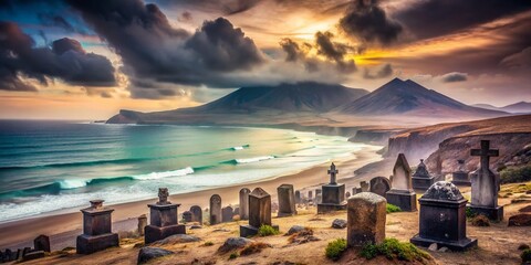 Fototapeta premium Ethereal Double Exposure: Ancient Cemetery Meets Volcanic Beach, Fuerteventura
