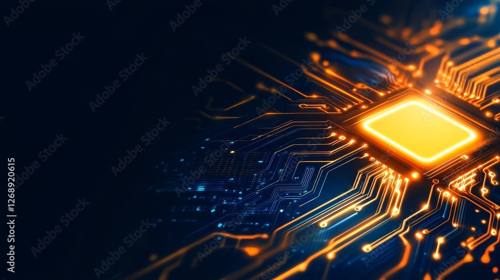 Poster close-up view of a glowing microchip with intricate circuitry against a dark background