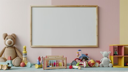 A rectangular wooden frame on a pastel wall in a childâ€™s playroom with toys. HD 8K mockup wallpaper Photographic Image