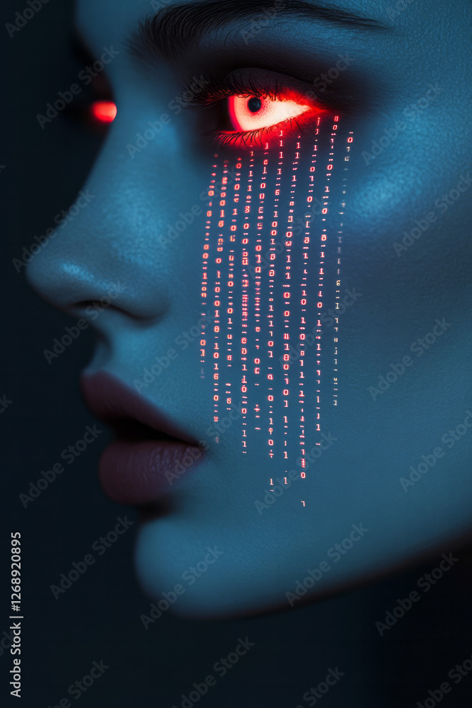 Poster a moody shot capturing a futuristic glow of binary code scrolling over her cheeks and forehead, the