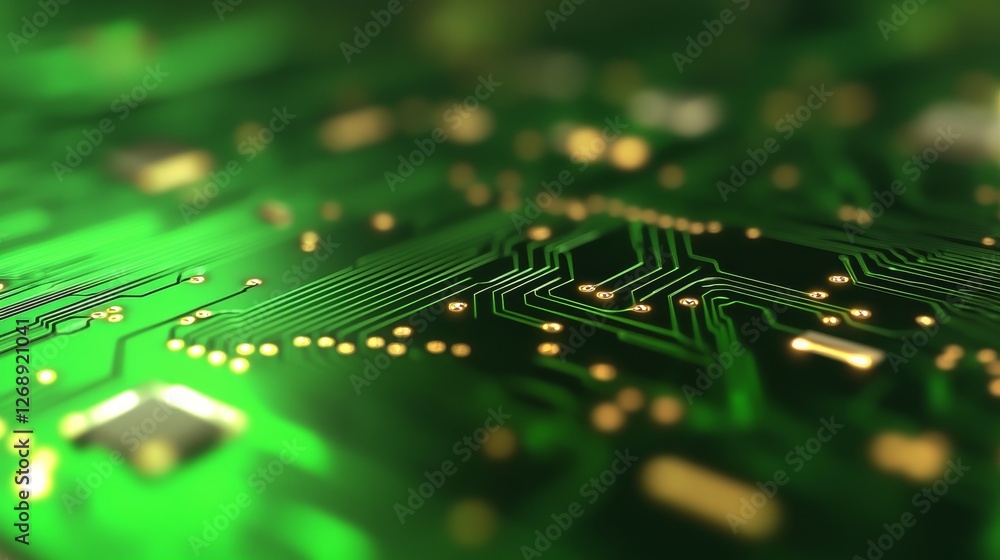 Poster close-up view of a green circuit board showcasing intricate pathways and components
