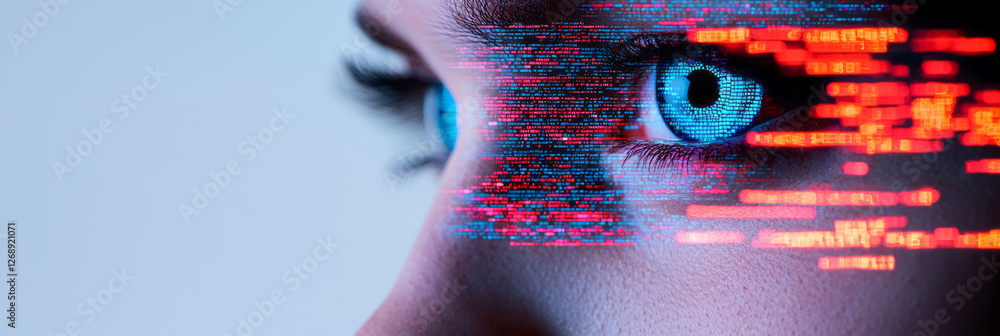 Poster an almost holographic display where rotating code fragments illuminate one side of her face in