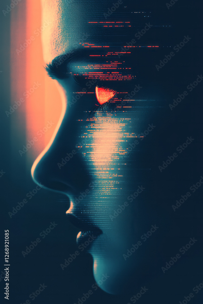 Poster a minimal background emphasizing the contrast between her dark silhouette and the vibrant patterns