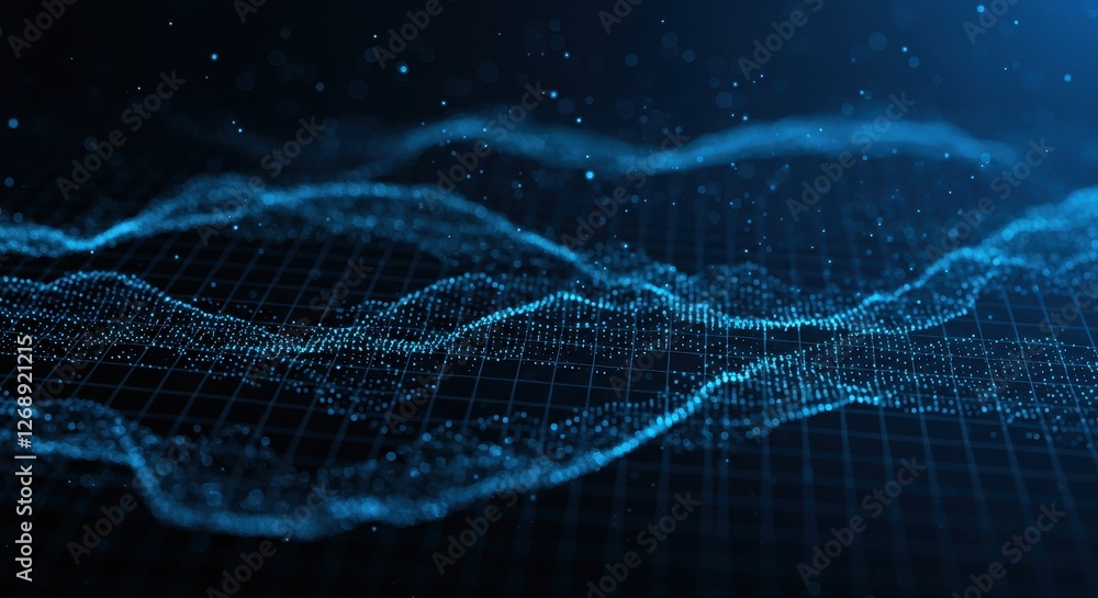 Poster a blue toned visualization of financial data waves with fluctuating lines on a grid