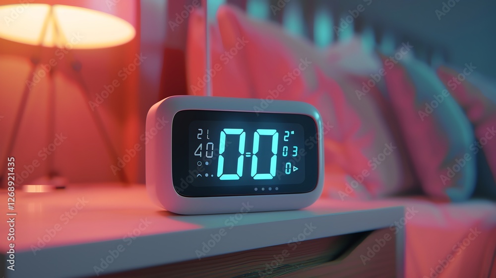 Poster a modern digital alarm clock is sitting on a nightstand next to a bed. the clock's display is bright