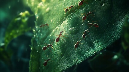 rainforest ants carrying green leaf image