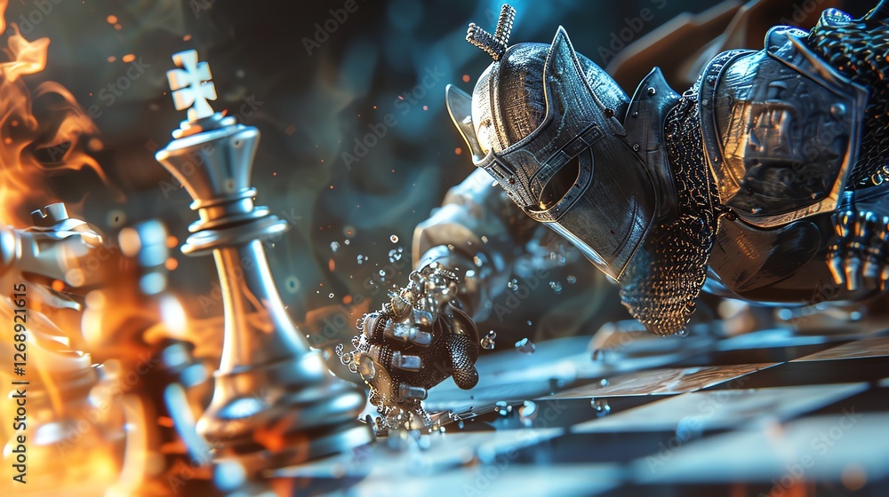Poster a knight in full armor is playing chess. he is in the middle of capturing an opponent's piece.