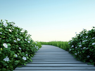 serene pathway surrounded by lush greenery and blooming flowers leads into horizon