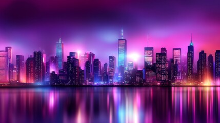 Obraz premium Vibrant city skyline at night with colorful light reflecting on water, showcasing urban life