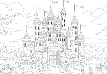 Naklejka premium Fun black and white coloring book page, enchanted castle with tall towers and a big entrance gate, spread across the entire width of the image, minimal but charming fairy-tale details
