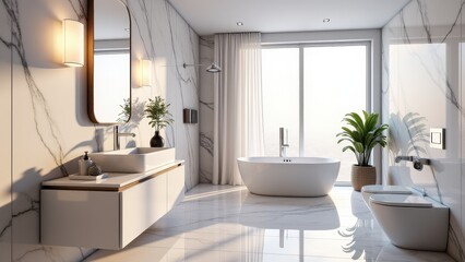 Open house invitation, Modern bathroom marble finishes with light through frosted windows photorealistic.