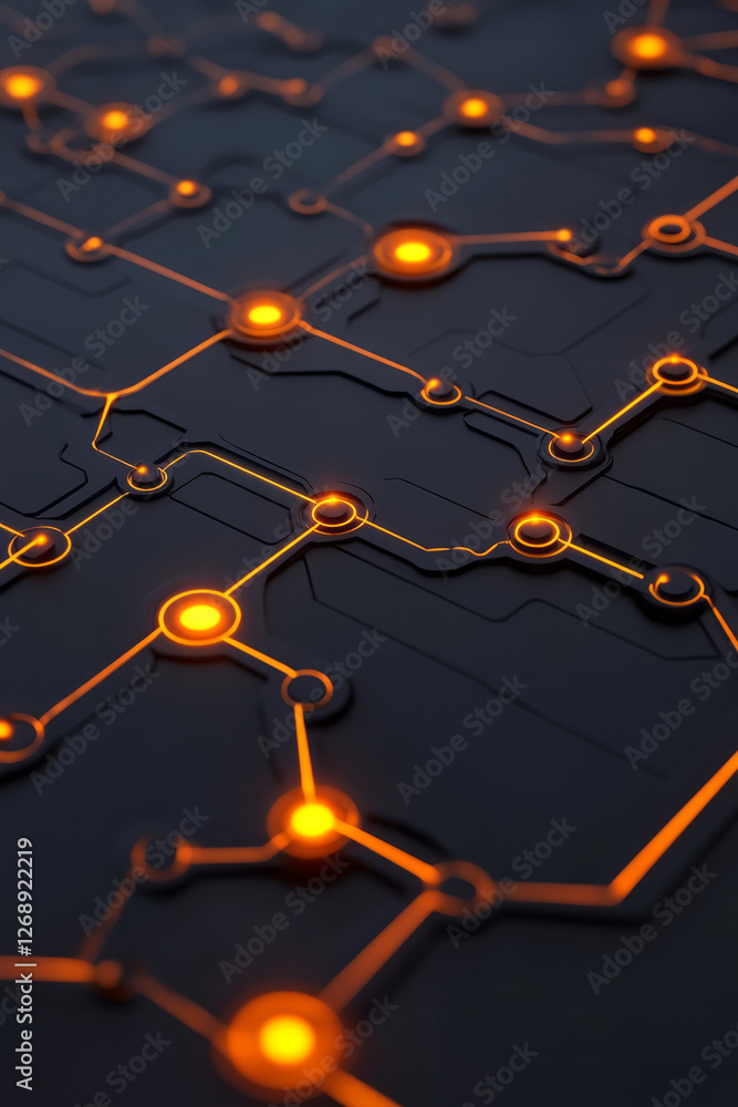 Leinwandbilder A close-up shot capturing a web of interconnected lines on a high-tech board, each junction lit by