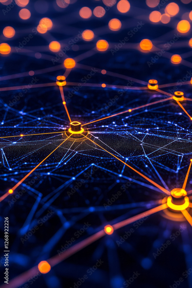 Poster a close-up shot capturing a web of interconnected lines on a high-tech board, each junction lit by