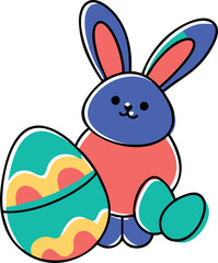 Doodle-style illustration of a cheerful Easter bunny with a decorated egg