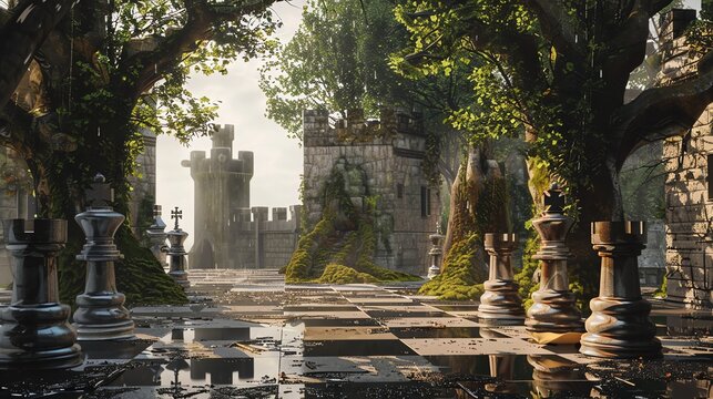 Mystical chessboard in overgrown ruins with stone chess pieces, overgrown with moss. - Powered by Adobe