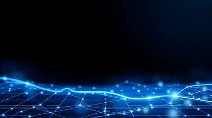 Naklejka premium Dynamic blue network mesh with glowing nodes on dark background. Abstract technology visualization perfect for digital transformation, AI, big data, and connectivity concepts.