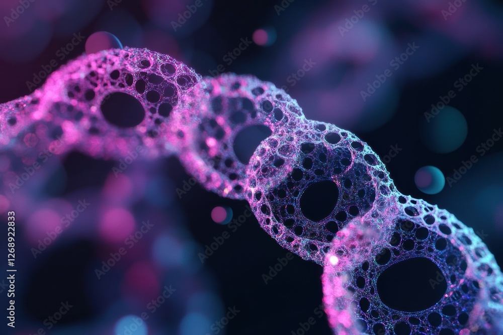Poster microscopic view of colorful cells connected in a chain during scientific exploration in a lab setti