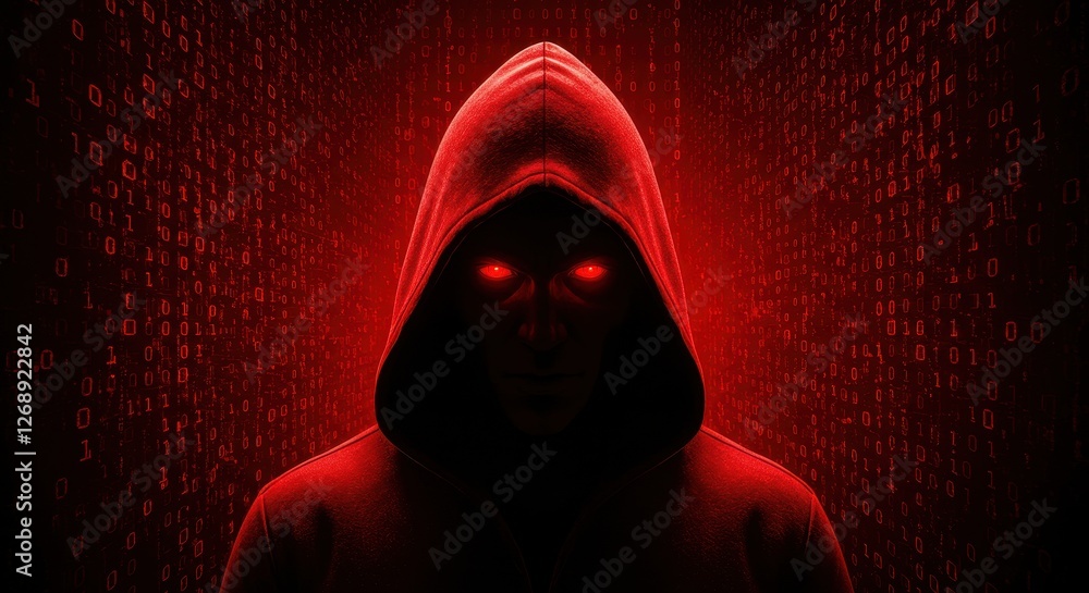 Poster a shadowy figure in a red hood surrounded by glowing red binary code
