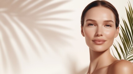 Naklejka premium Radiant Beauty: A close-up portrait of a woman with glowing, healthy skin, framed by the soft shadows of tropical palm leaves, evokes a sense of serenity and natural beauty. 