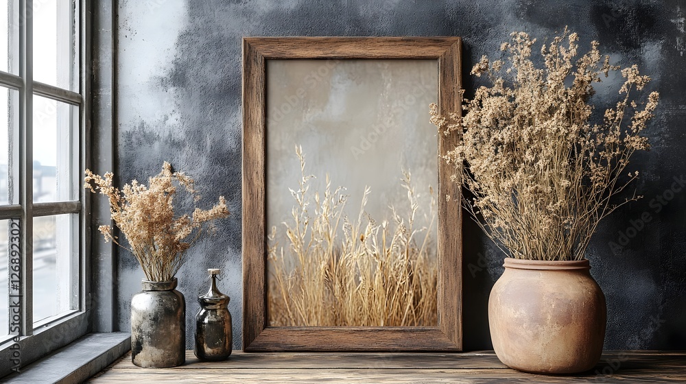 Poster cozy autumnal floral arrangement displayed in a wooden vintage frame placed on a table near a window