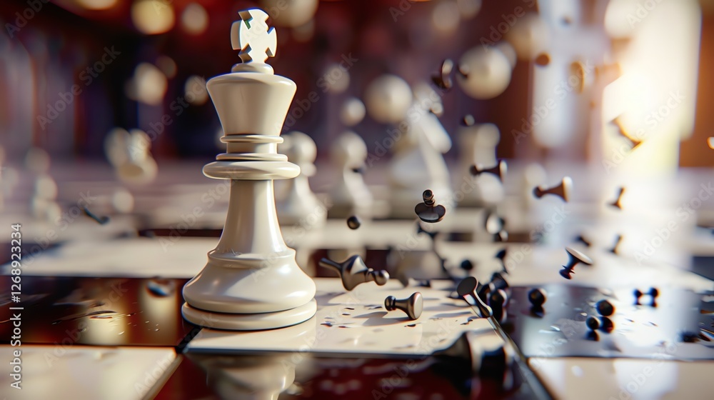 Poster 3d rendering of a chessboard with a white king in the center and black pieces shattered around it.