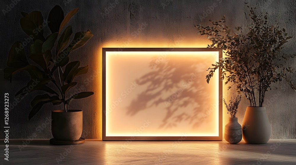 Aufkleber Cozy minimalist home decor setting with warm lighting natural plants and organic elements creating a serene tranquil and inviting ambiance  The frame casts a soft ethereal shadow on the wall