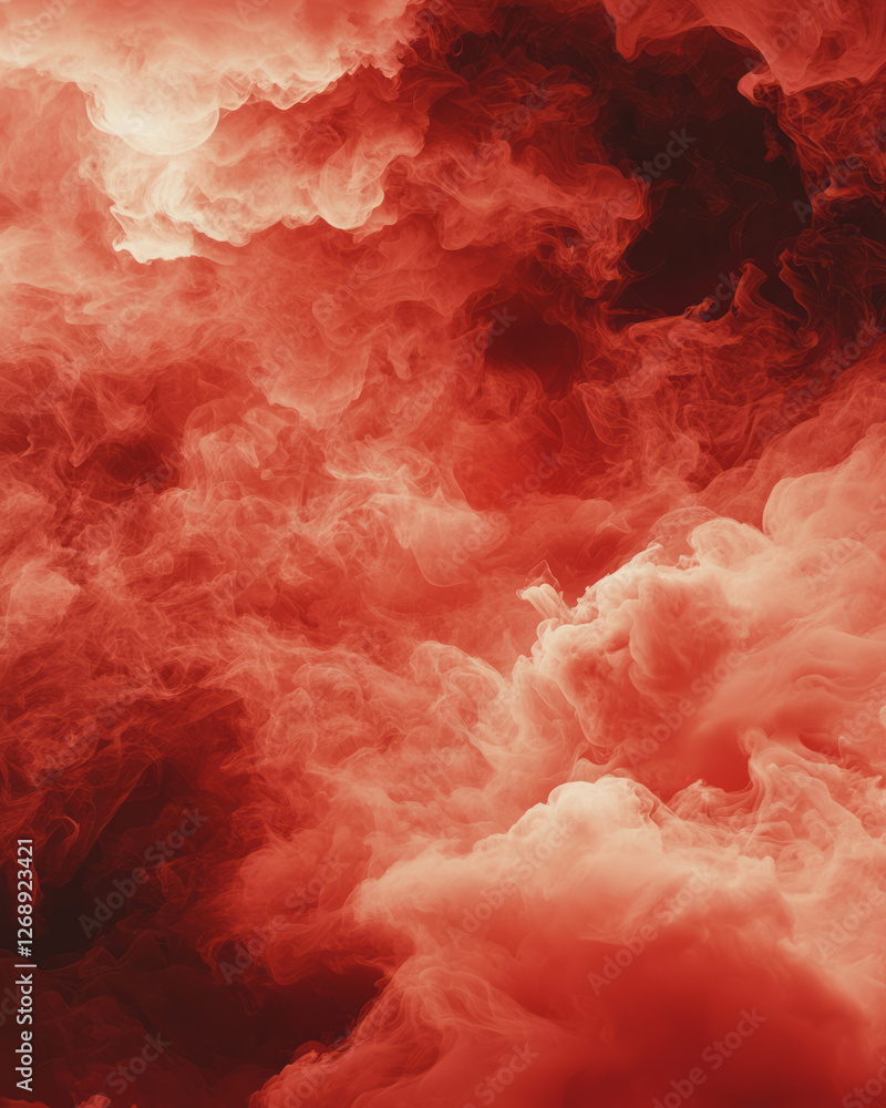 Poster a close-up capturing the texture of dense red smoke, with vibrant highlights and shadows