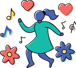 Joyful doodle of a dancing girl with music notes, hearts, and flowers.