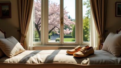Pajamas with slippers, Cotton pajamas and slippers on a settee park view through the apartment windows.