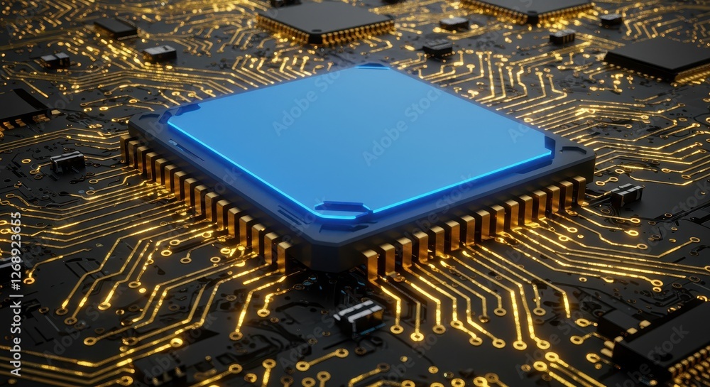 Aufkleber a futuristic depiction of a glowing blue processor chip integrated into a detailed circuit board wit