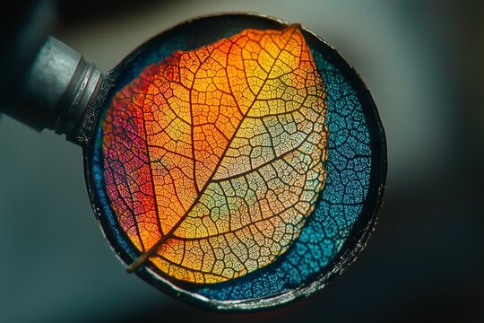 A vibrant autumn leaf showing the transition of colors under a microscope.