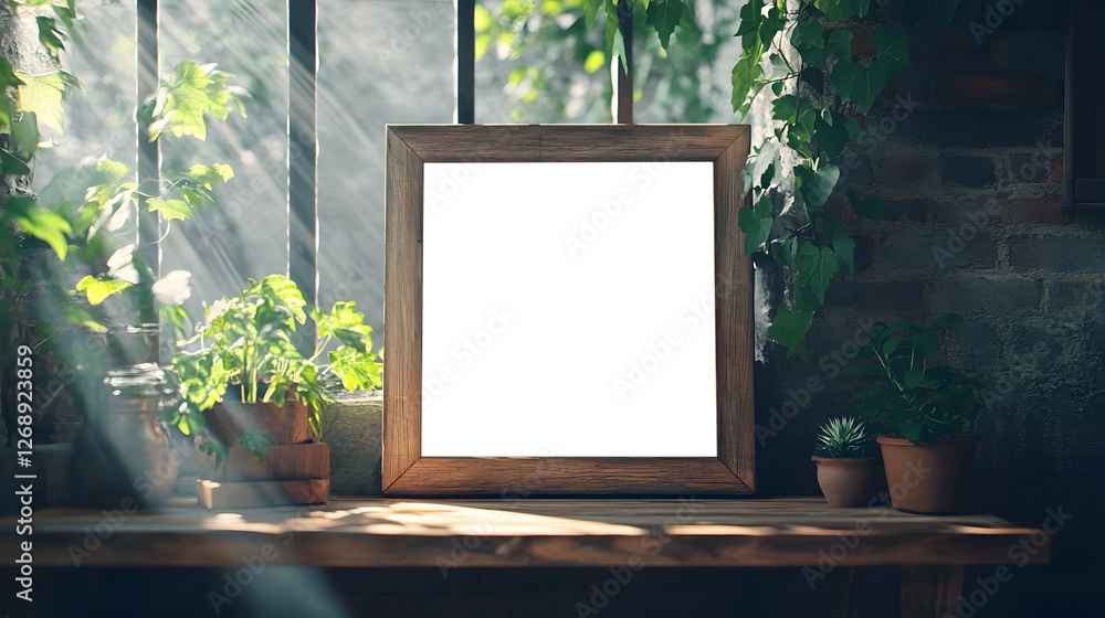 Poster cozy rustic indoor setting with various potted plants and greenery displayed on a wooden table by a 